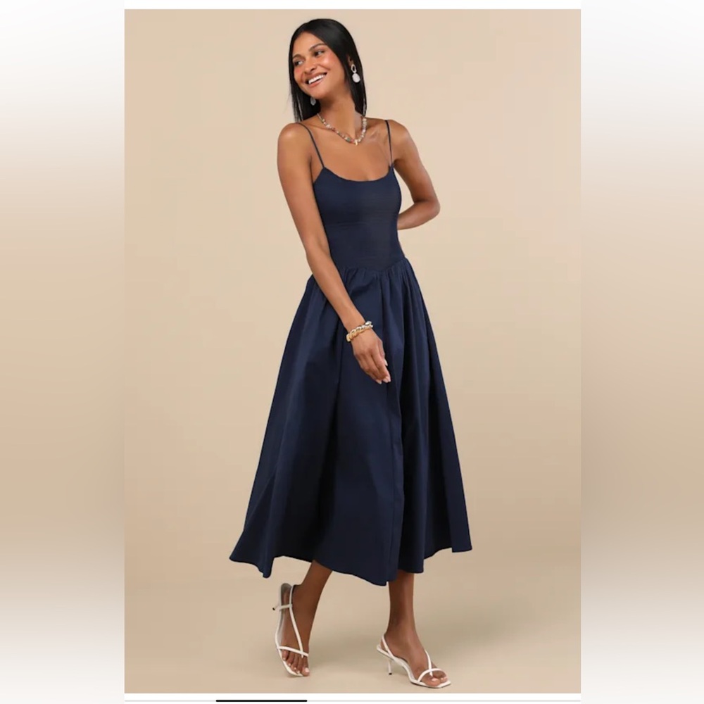 Lulus Tandria smocked Navy Spaghetti-Strap Maxi Dress size M NWOT #4G